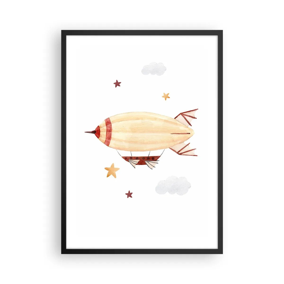 Poster in een zwarte lijst - Een aquarel luchtschip dat tussen de sterren en de wolken zweeft. - 50x70cm - Luchtschip - Moderne wanddecoratie voor woonkamer en slaapkamer ARTTOR