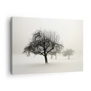 Schilderen op canvas - Bomen in een met sneeuw bedekt veld omgeven door mist - 70x50cm - Winterslaap - Moderne wanddecoratie voor woonkamer en slaapkamer ARTTOR