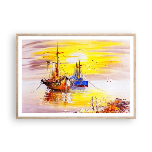 Een poster in een licht eiken lijst - Een welverdiende rust in de haven - 100x70 cm