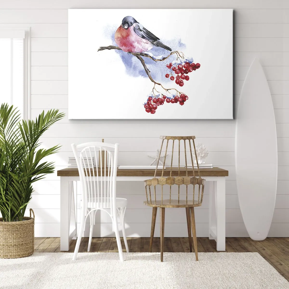 Schilderen op canvas - Vogel op een tak met rood fruit op de aquarelachtergrond - 70x50cm - Winter in kleur - Moderne wanddecoratie voor woonkamer en slaapkamer ARTTOR