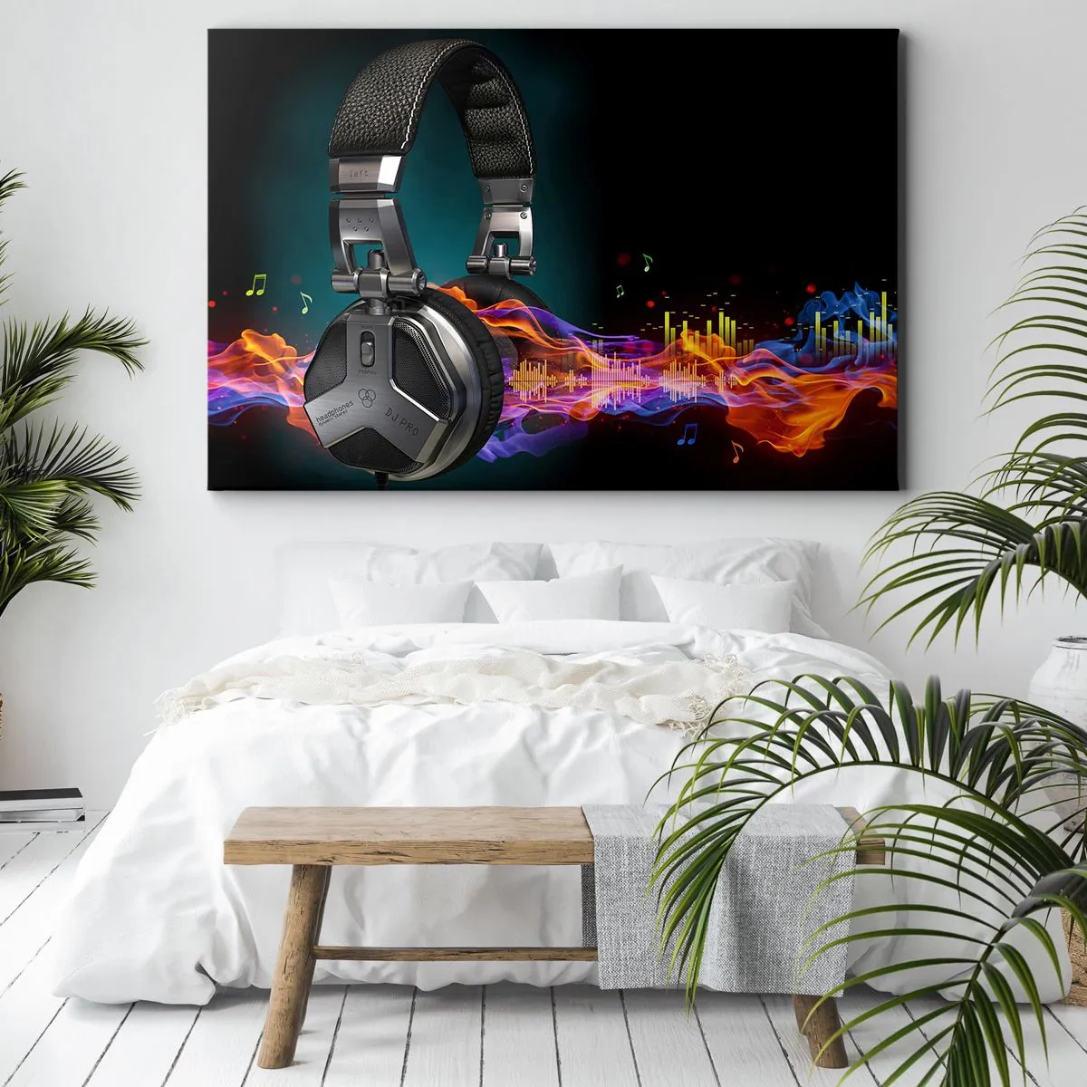Schilderen op canvas - Zwarte koptelefoon met kleurrijk muziekvisualisatie-effect - 70x50cm - In vuur en vlam van muziek - Moderne wanddecoratie voor woonkamer en slaapkamer ARTTOR