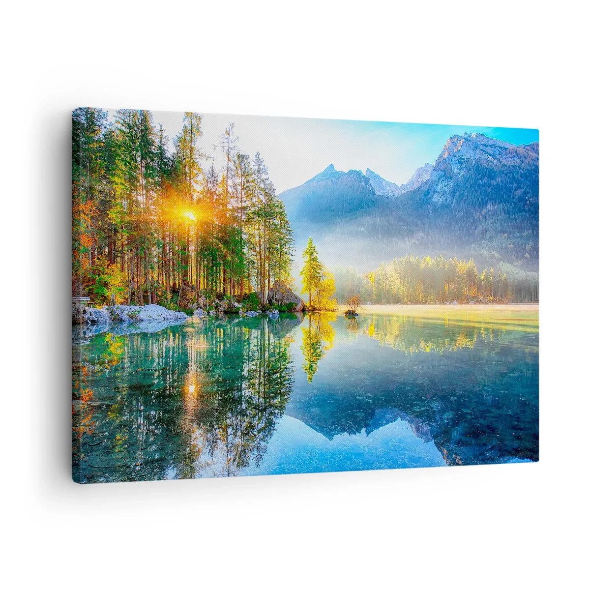 Schilderen op canvas - Een meer omgeven door bergen en bos in de zonnestralen - 70x50cm - Majesteit en zoetheid - Moderne wanddecoratie voor woonkamer en slaapkamer ARTTOR