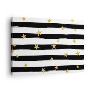 Schilderen op canvas - Zwart-witte strepen met gouden sterren - 70x50cm - We zijn allemaal geboren onder een gelukkige ster - Moderne wanddecoratie voor woonkamer en slaapkamer ARTTOR