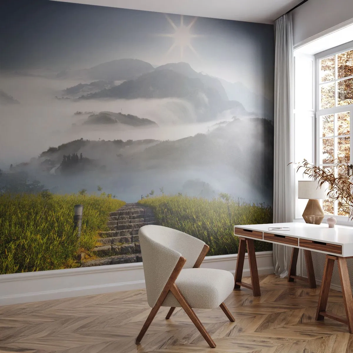 Fotobehang Premium Sand - Nog steeds tot in de wolken - Landschap, Bergen, Nationaal Park - 450x315 cm