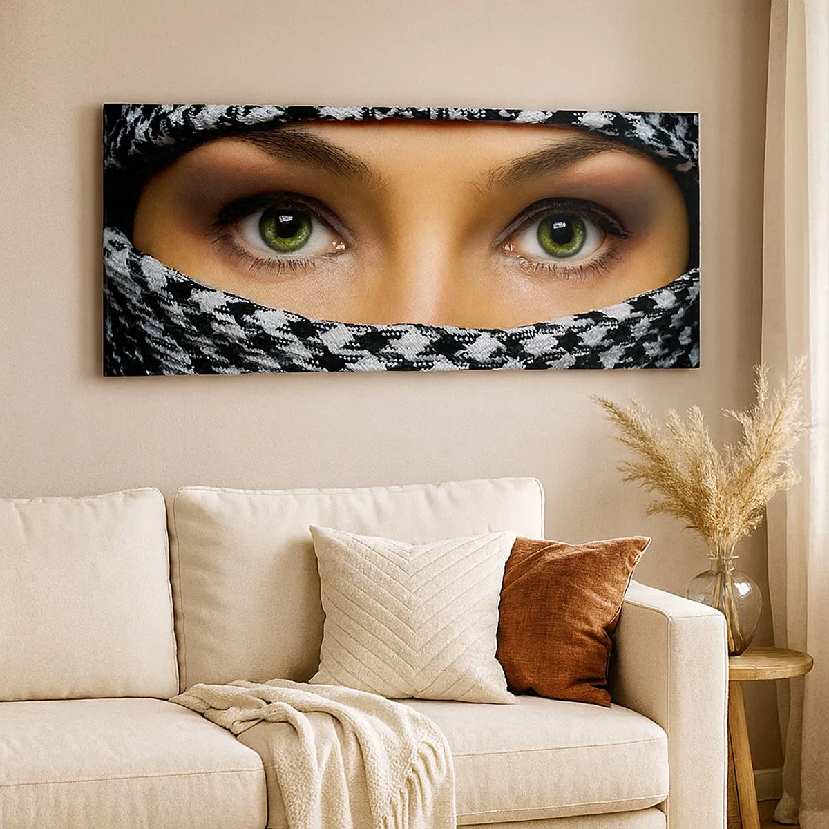 Schilderen op canvas - Portret van een gesluierde schoonheid met groene ogen - 100x40 cm