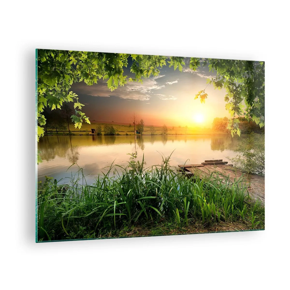 Schilderen op glas - Landschap met een meer omgeven door groen bij zonsondergang - 70x50cm - Landschap in een groen kader - Moderne wanddecoratie voor woonkamer en slaapkamer ARTTOR
