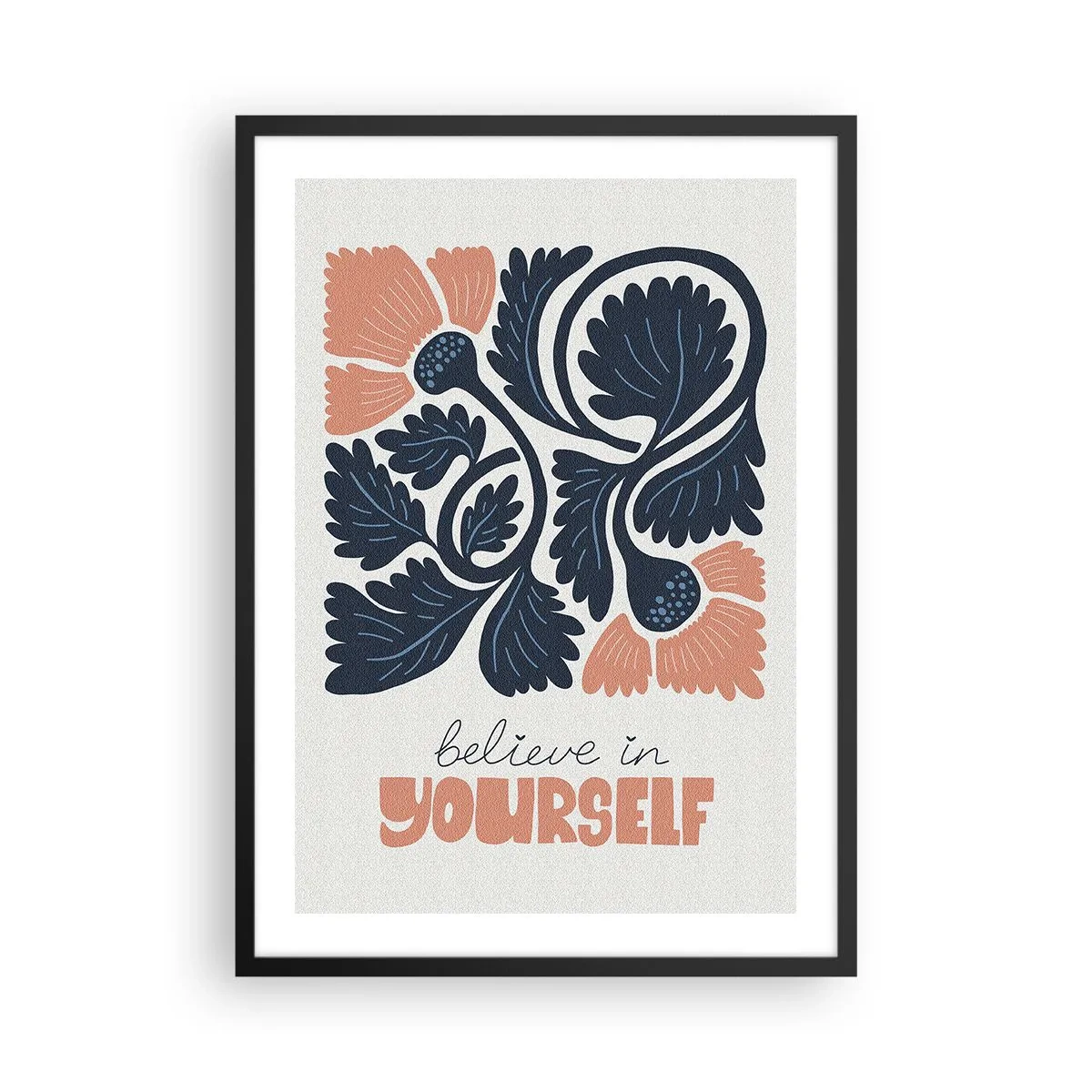Poster in een zwarte lijst - Gestileerde bloemen in marineblauw en roze met een inspirerende inscriptie - 50x70cm - En jij bloeit ook - Moderne wanddecoratie voor woonkamer en slaapkamer ARTTOR