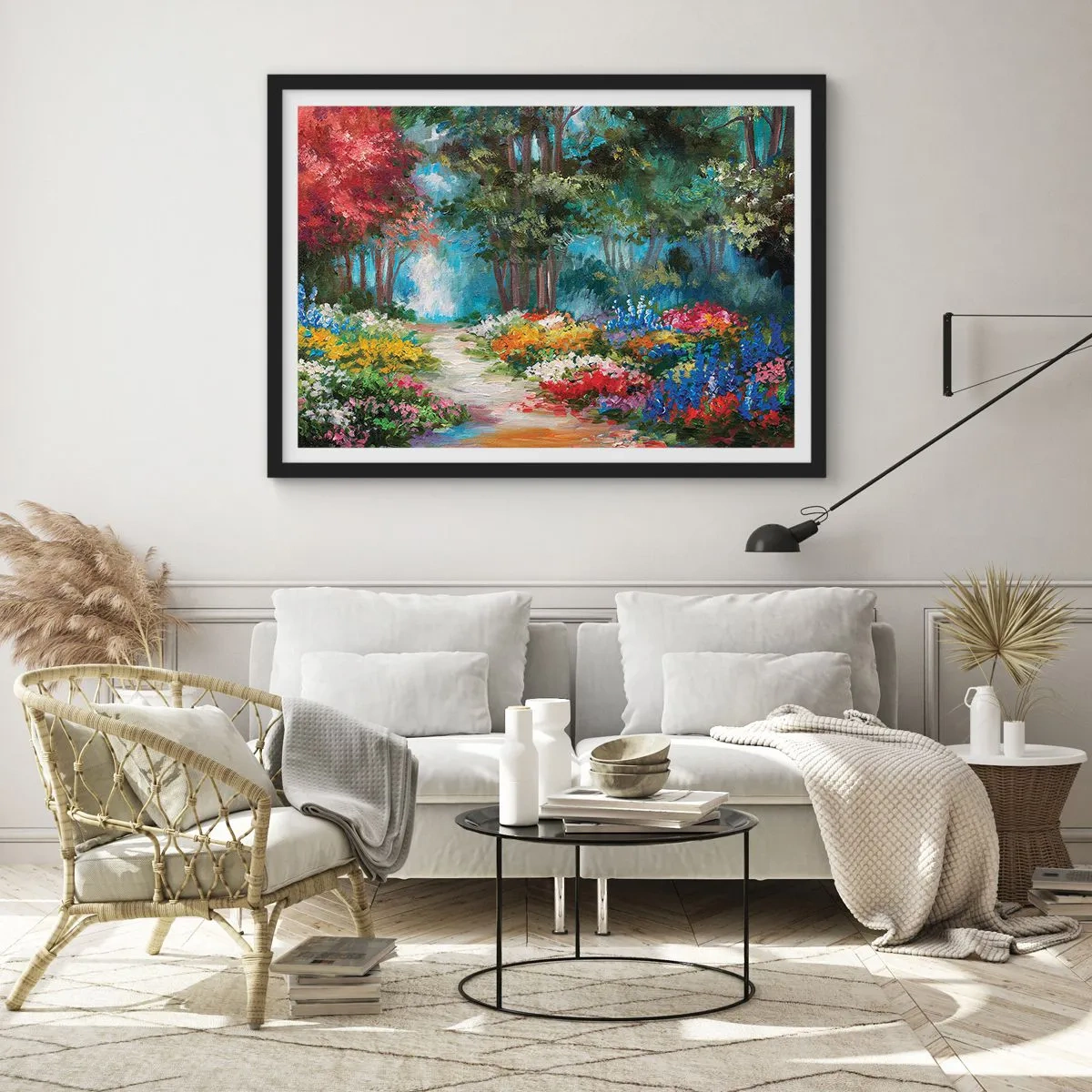 Poster in een zwarte lijst - Bostuin, bloemenbos - 100x70 cm