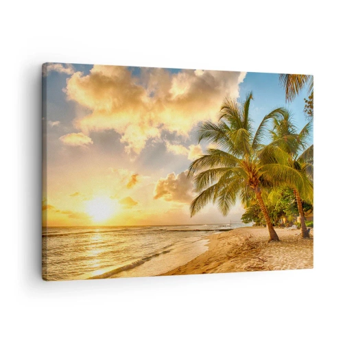 Schilderen op canvas - Strand met palmbomen en een zonsondergang over de oceaan - 70x50cm - Eeuwige zomer, altijd vakantie - Moderne wanddecoratie voor woonkamer en slaapkamer ARTTOR