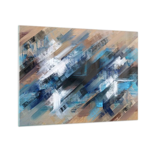 Schilderen op glas - Abstracte diagonale strepen in tinten blauw, wit en beige - 70x50cm - Op een blauwe diagonaal - Moderne wanddecoratie voor woonkamer en slaapkamer ARTTOR