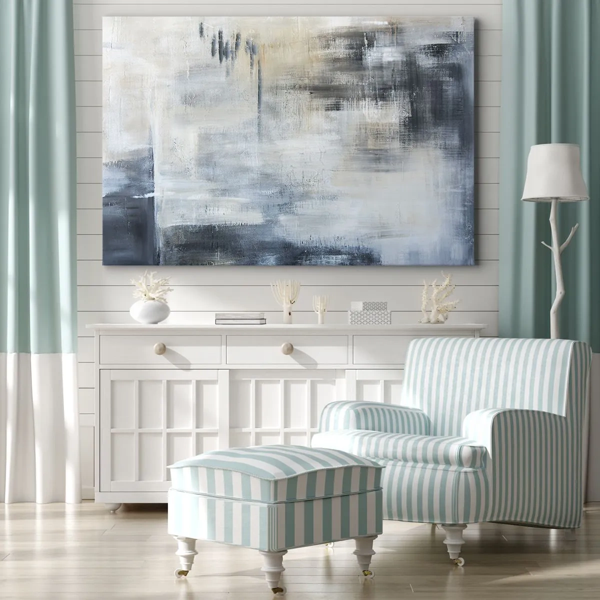 Schilderen op canvas - Achter het blauwe gordijn - 120x80 cm
