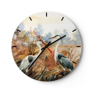 Wandklok - Klok - Twee kraanvogels in een herfst aquarellandschap - 30x30cm - Waarheen in de herfst? - Moderne wanddecoratie voor woonkamer, keuken en slaapkamer ARTTOR