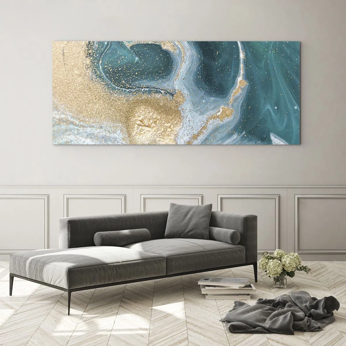 Schilderen op glas - Een werveling van goud en turkoois - 120x50 cm