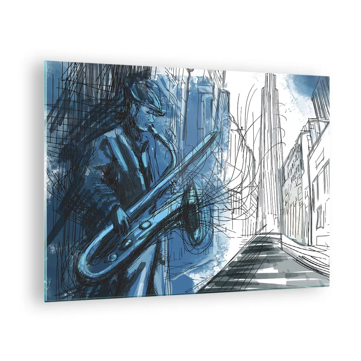 Schilderen op glas - Jazzsaxofonist in een blauwgekleurde stedelijke omgeving - 70x50cm - Stedelijke Rapsodie - Moderne wanddecoratie voor woonkamer en slaapkamer ARTTOR