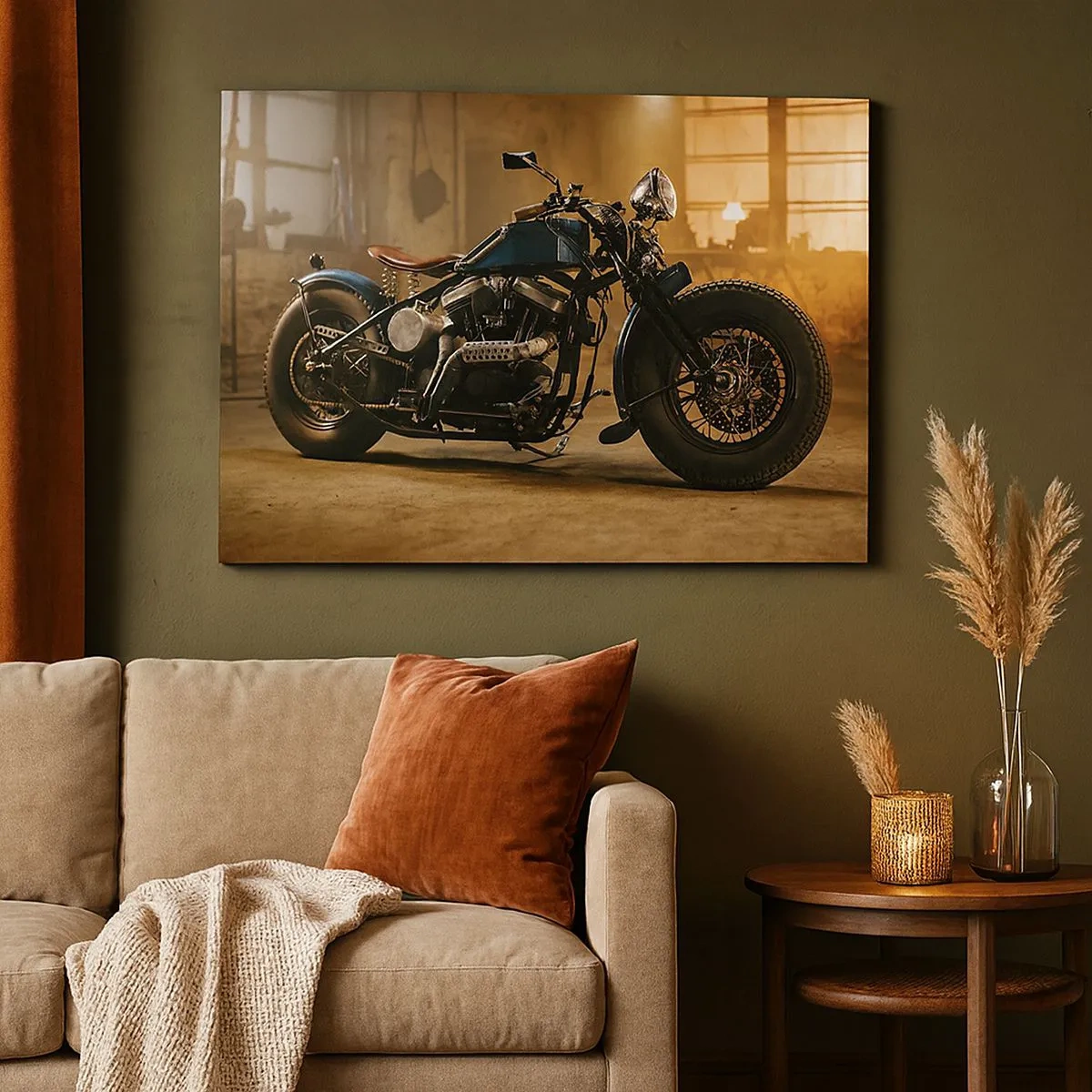 Schilderen op canvas - Een stijlvolle motorfiets in een industrieel interieur met warme verlichting - 70x50cm - Ik kan alles  - Moderne wanddecoratie voor woonkamer en slaapkamer ARTTOR