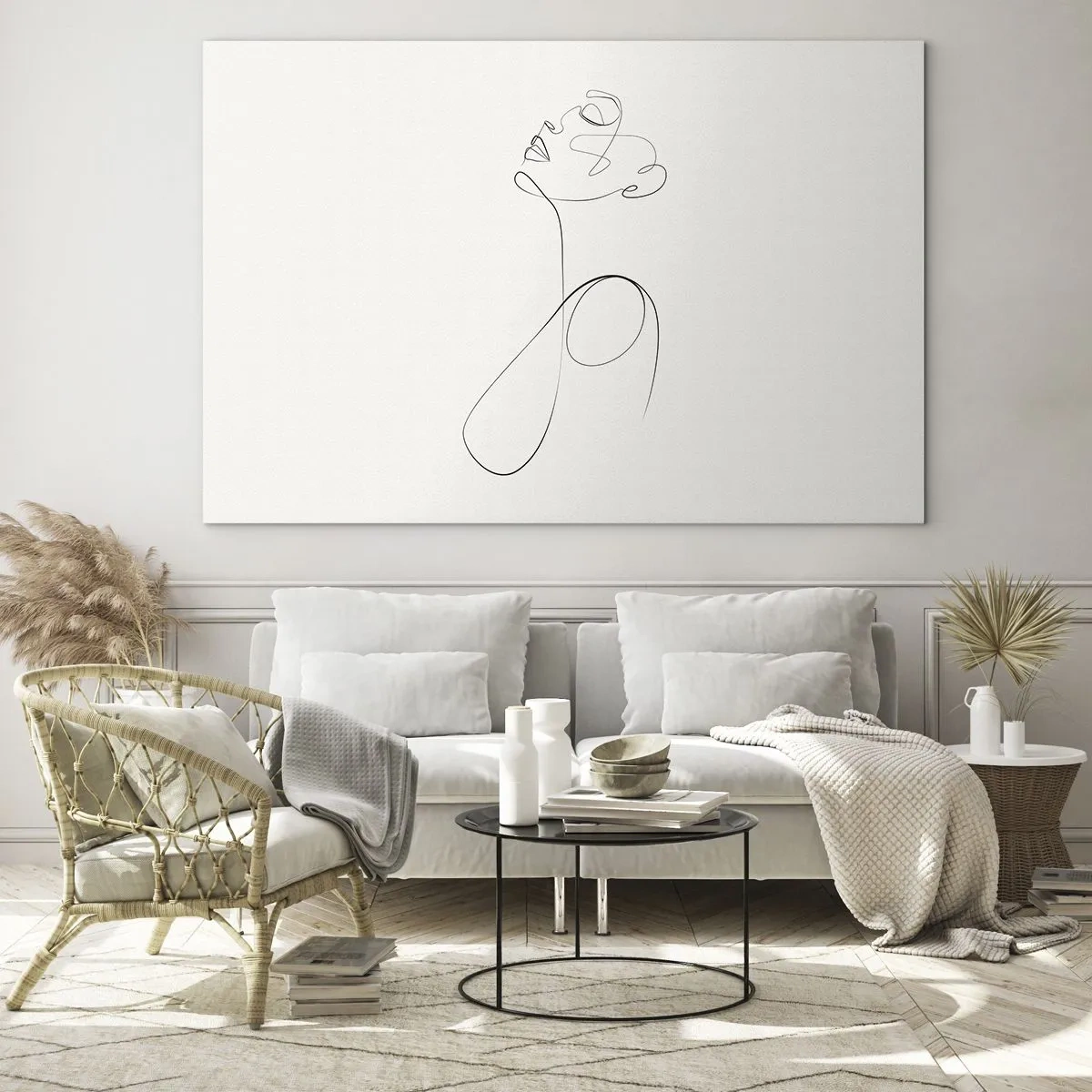 Schilderen op glas - Vrouwelijk gezicht en silhouet in lijnkunststijl op witte achtergrond - 70x50cm - Loopt in dromen - Moderne wanddecoratie voor woonkamer en slaapkamer ARTTOR
