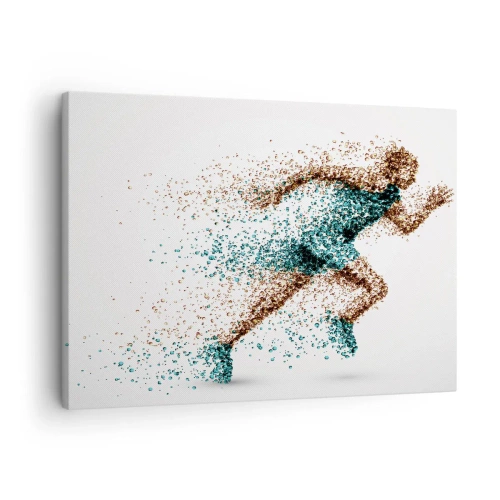 Schilderen op canvas - Een dynamische hardloopfiguur bestaande uit kleine deeltjes - 70x50cm - Het leven is een vlucht - Moderne wanddecoratie voor woonkamer en slaapkamer ARTTOR