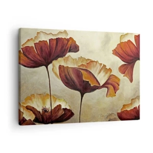 Schilderen op canvas - Subtiele bloemen in tinten rood en goud op een lichte achtergrond - 70x50cm - Golvend weiland - Moderne wanddecoratie voor woonkamer en slaapkamer ARTTOR