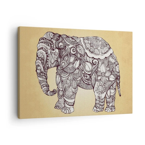 Schilderen op canvas - Handgetekende olifant met een sierlijk patroon op een beige achtergrond - 70x50cm - De olifant heeft zichzelf bedekt - Moderne wanddecoratie voor woonkamer en slaapkamer ARTTOR