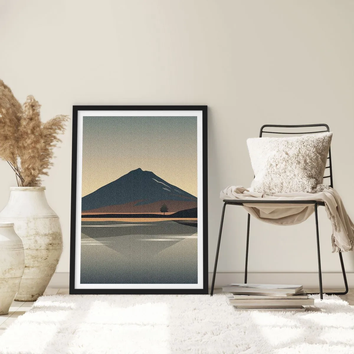 Poster in een zwarte lijst - Een minimalistisch berglandschap met een weerspiegeling in een meer - 50x70cm - Spiegelreflectie - Moderne wanddecoratie voor woonkamer en slaapkamer ARTTOR
