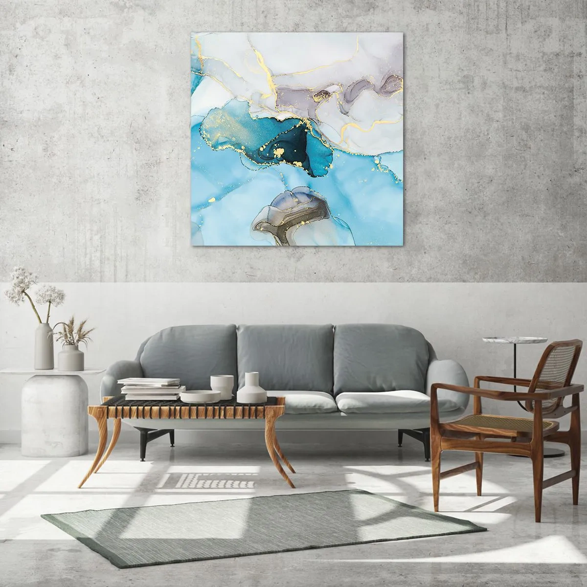 Schilderen op glas - Een studie van de ontmoeting van grijs en turkoois - 70x70 cm