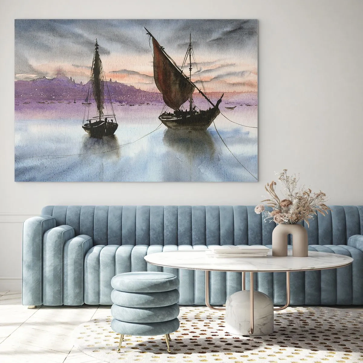 Schilderen op glas - Twee zeilboten op kalm water bij zonsondergang - 70x50cm - Avond in de haven - Moderne wanddecoratie voor woonkamer en slaapkamer ARTTOR
