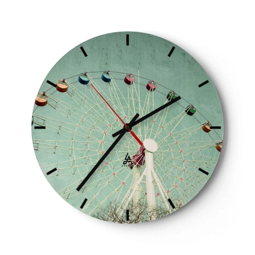 Wandklok - Klok - Een kleurrijk reuzenrad op een turquoise achtergrond - 30x30cm - Wij nodigen u uit om plezier te hebben - Moderne wanddecoratie voor woonkamer, keuken en slaapkamer ARTTOR