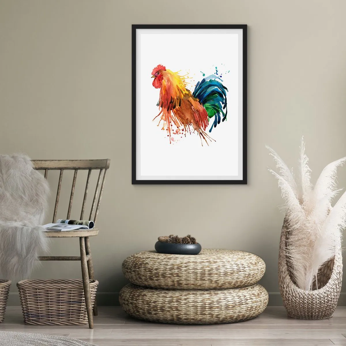 Poster in een zwarte lijst - Kleurrijke haan in aquarelstijl - 50x70cm - Koninklijk gewaad, koninklijke trots - Moderne wanddecoratie voor woonkamer en slaapkamer ARTTOR