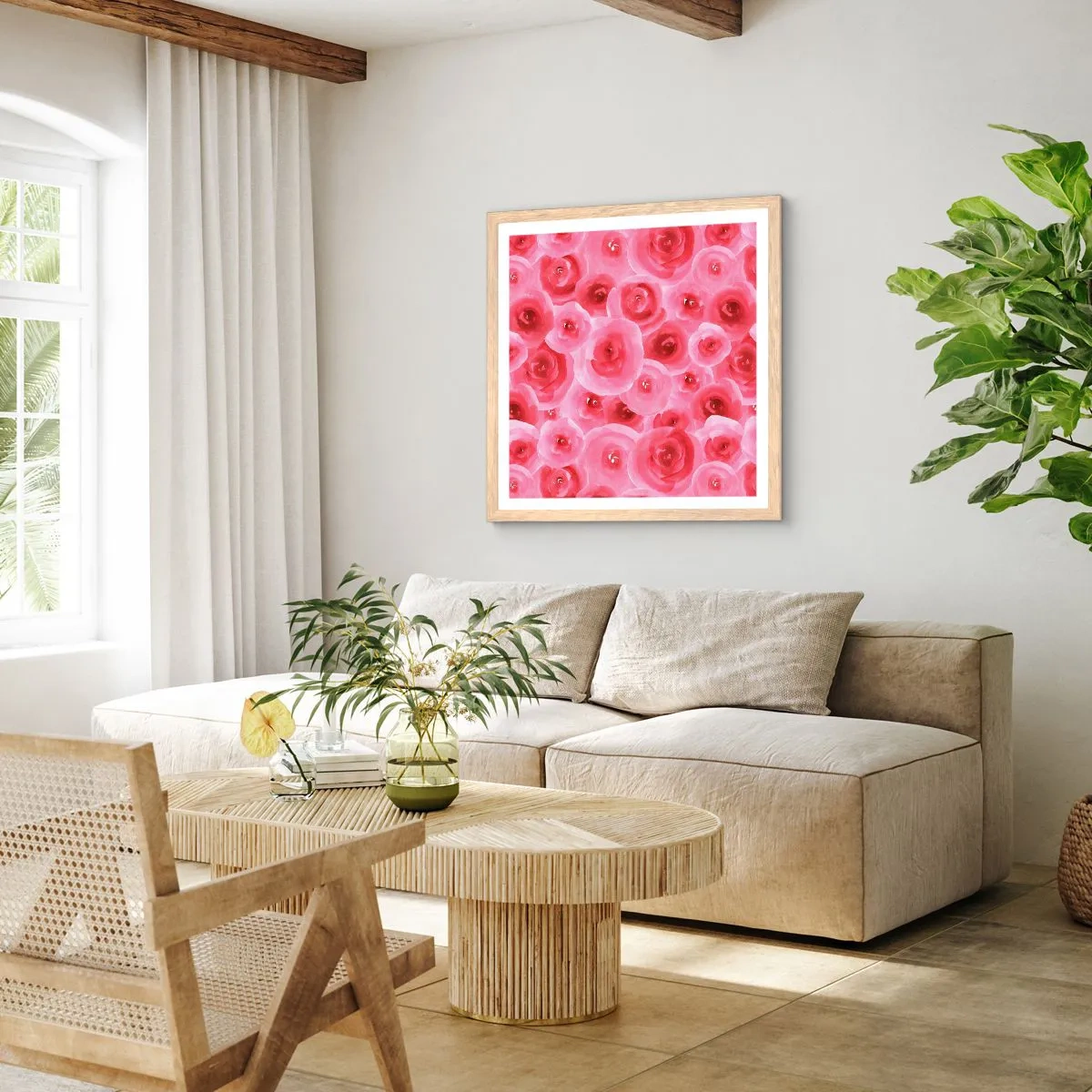 Een poster in een licht eiken lijst - Rozen onder en boven - 40x40 cm