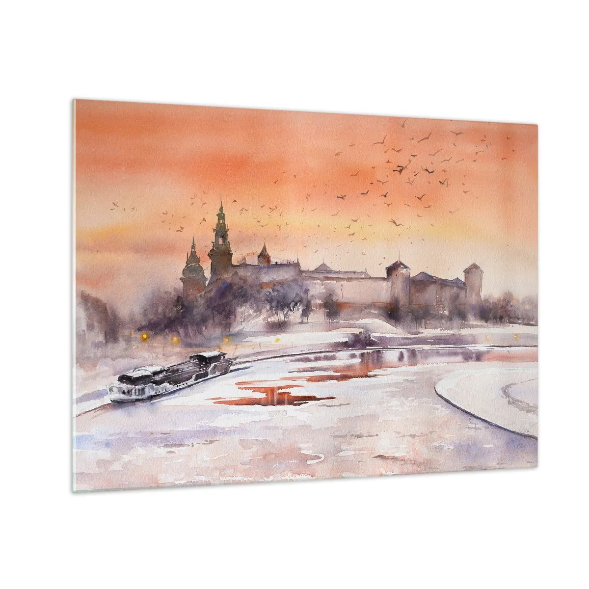 Schilderen op glas - Zonsondergang boven het koninklijk kasteel en de rivier in de winter - 70x50cm - Koninklijke zonsondergang - Moderne wanddecoratie voor woonkamer en slaapkamer ARTTOR