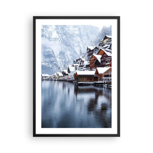 Poster in een zwarte lijst - Winterlandschap van een bergdorp aan het meer - 50x70cm - In winterdecoratie - Moderne wanddecoratie voor woonkamer en slaapkamer ARTTOR