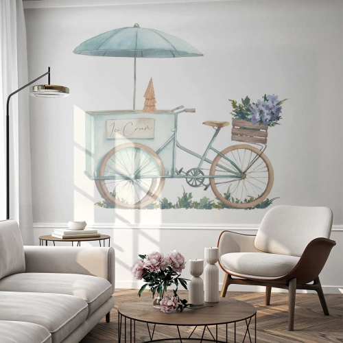 Fotobehang Premium Sand - Zoete herinnering aan de zomer - Pastel, Ijsje, Fiets - 450x315 cm