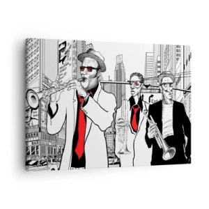 Schilderen op canvas - Illustratie van jazzmuzikanten tegen een stedelijke achtergrond - 70x50cm - Urban rapsodie in zwart en rood - Moderne wanddecoratie voor woonkamer en slaapkamer ARTTOR