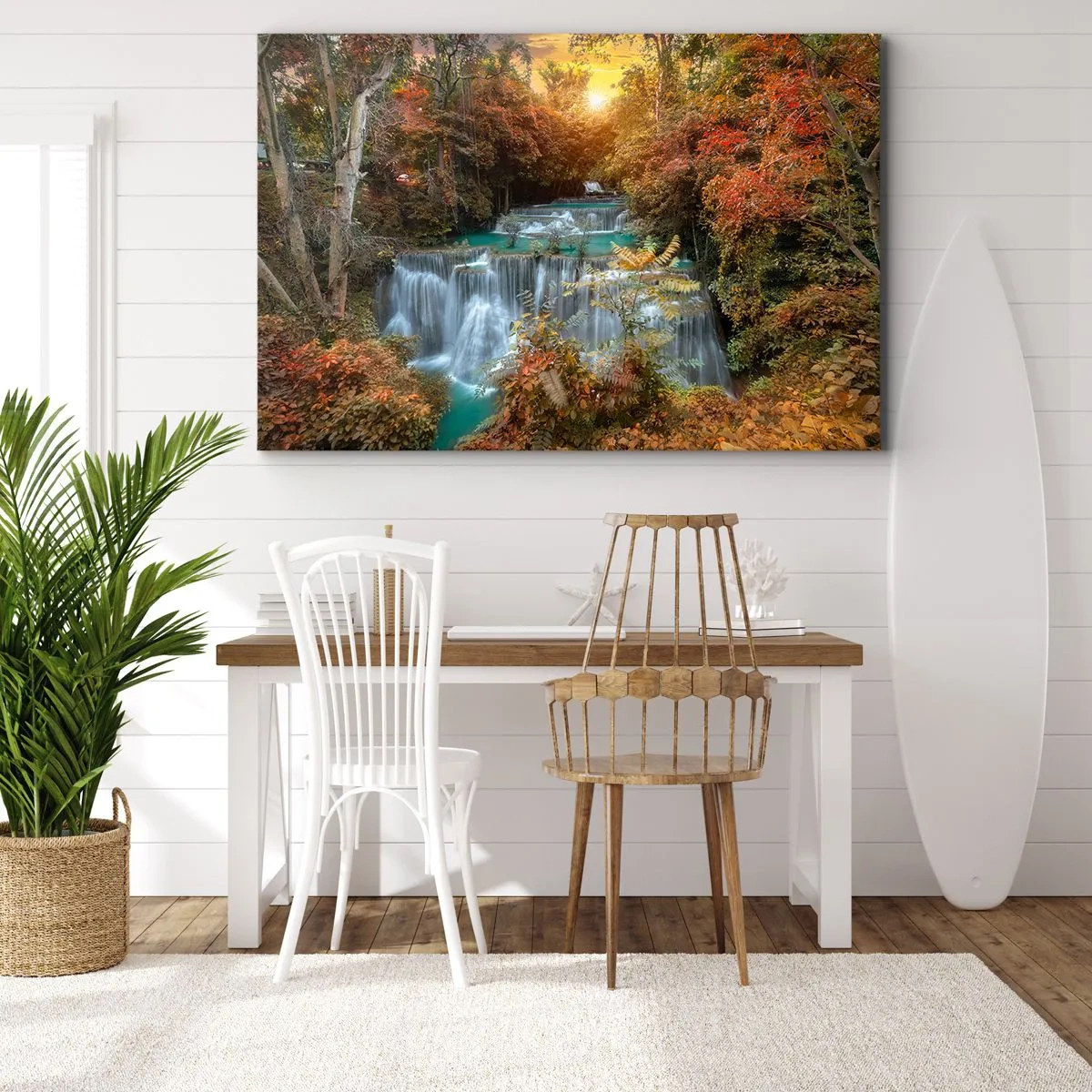 Schilderen op canvas - Herfstwaterval omringd door kleurrijke bomen in het zonlicht - 70x50cm - Verborgen schat van het bos - Moderne wanddecoratie voor woonkamer en slaapkamer ARTTOR