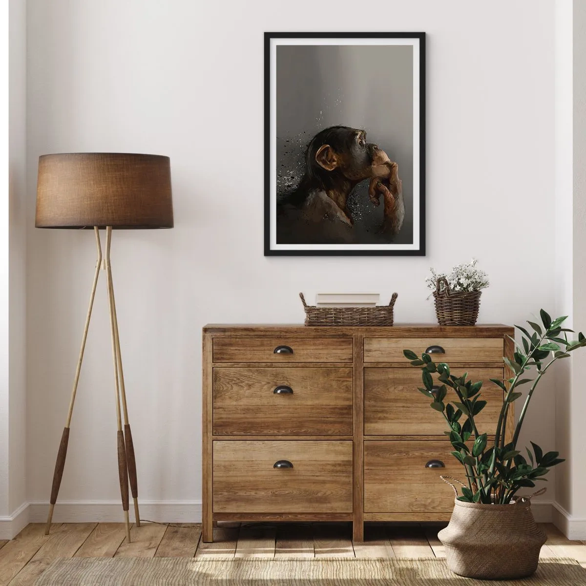Poster in een zwarte lijst - Portret van een denkende aap in zachte grijstinten met een abstracte achtergrond - 50x70cm - Zeker een denker - Moderne wanddecoratie voor woonkamer en slaapkamer ARTTOR