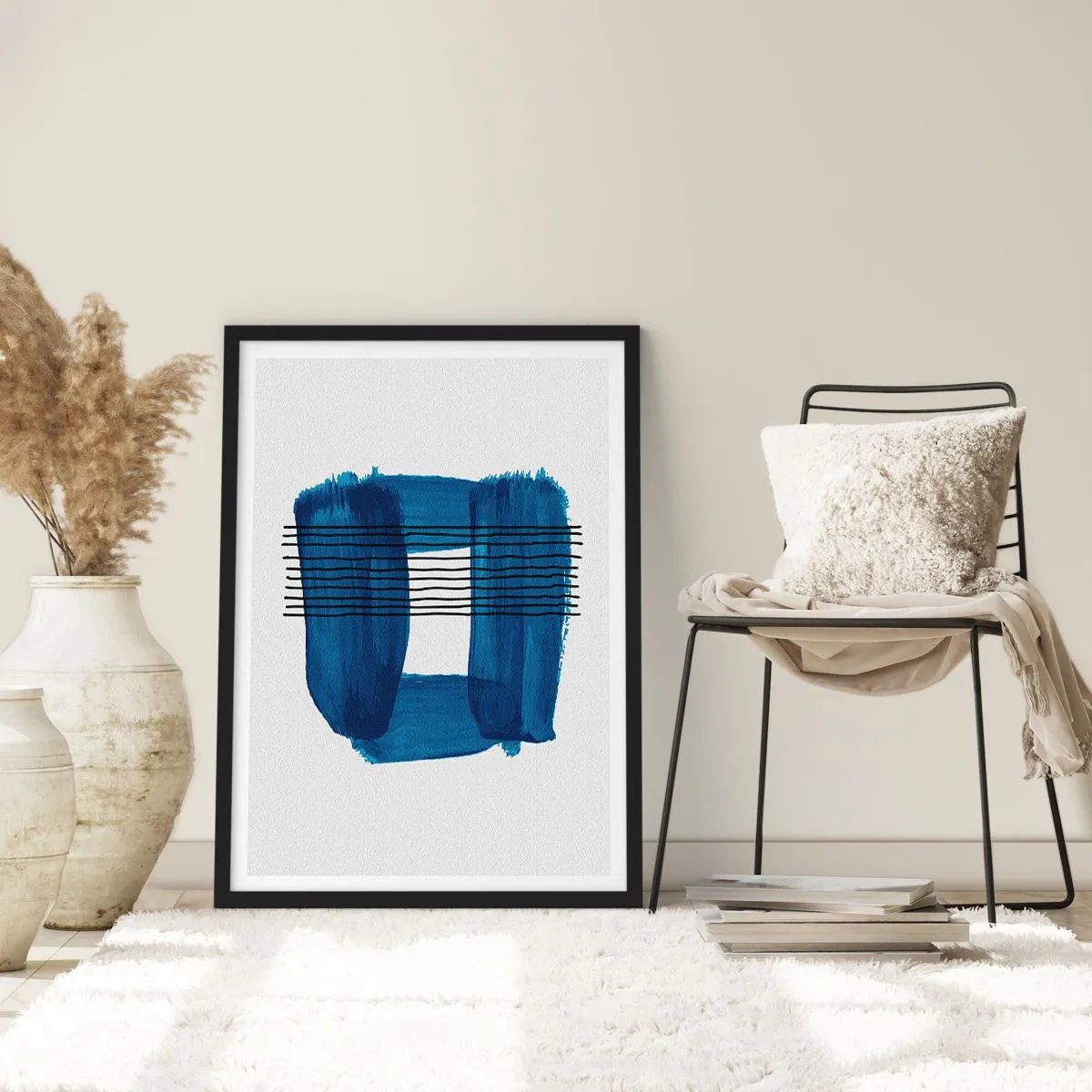 Poster in een zwarte lijst - Abstracte compositie in tinten blauw - 50x70cm - Blauwe en zwarte compositie - Moderne wanddecoratie voor woonkamer en slaapkamer ARTTOR