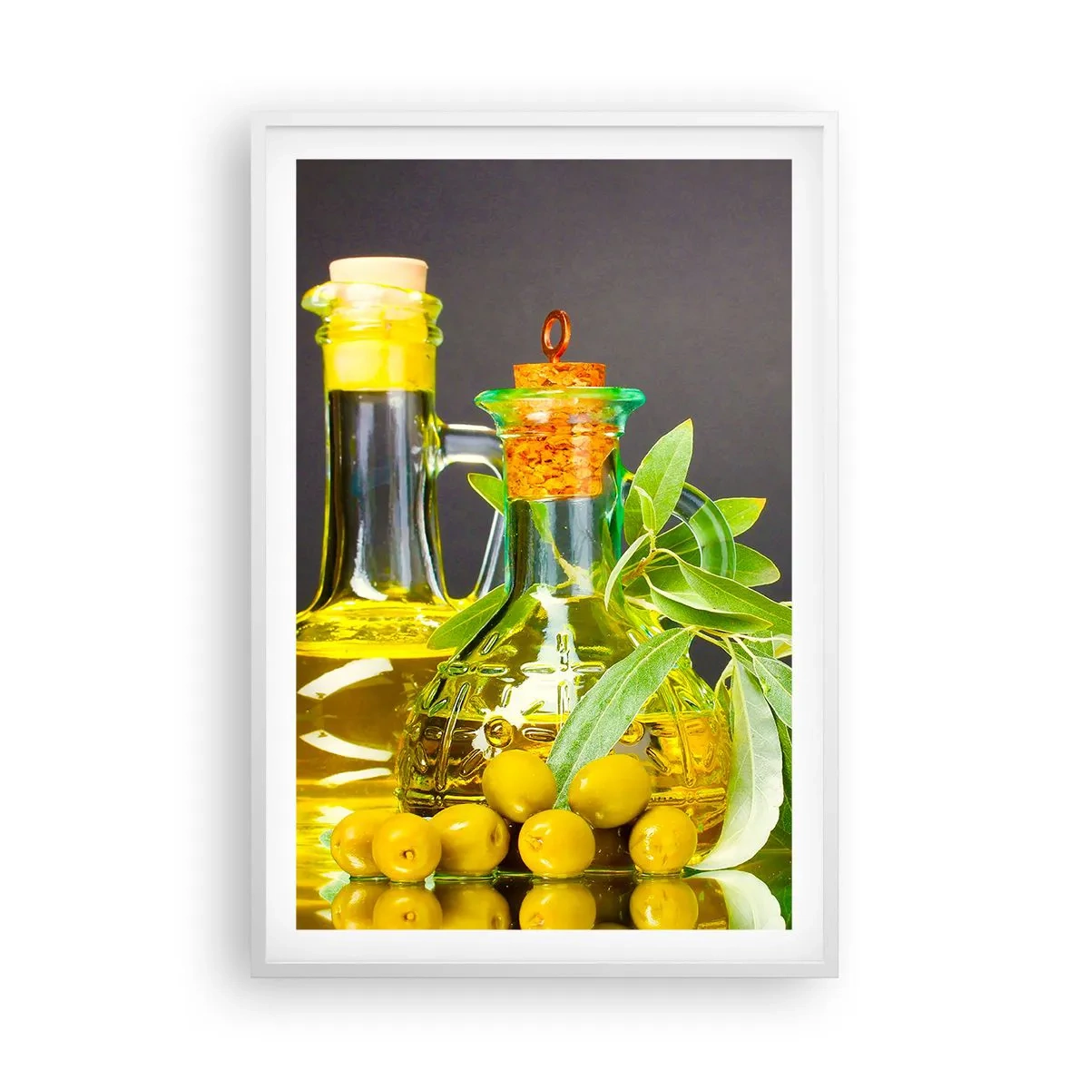 Poster in een witte lijst - Stilleven met olijven en olijfolie - 61x91 cm