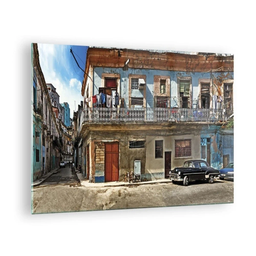 Schilderen op glas - Retrostraat met klassieke gebouwen en een auto - 70x50cm - Havana-vibes - Moderne wanddecoratie voor woonkamer en slaapkamer ARTTOR