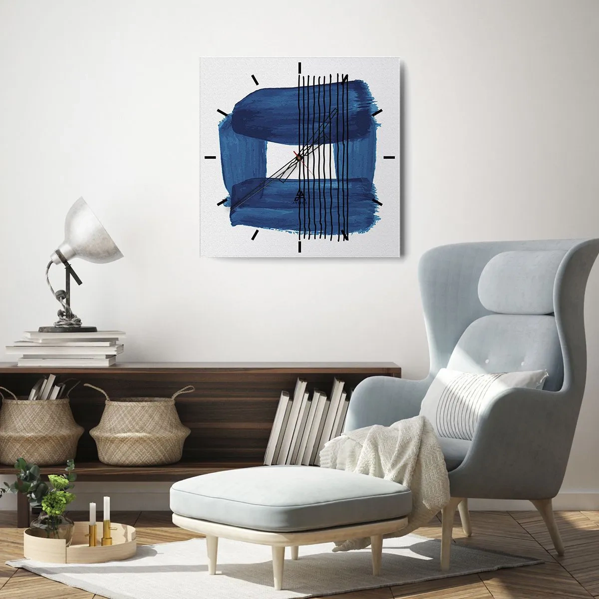 Wandklok - Klok - Blauwe en zwarte compositie - 30x30 cm