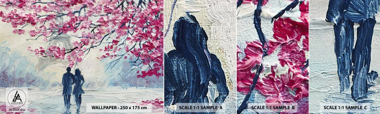 Fotobehang Monster Zelfklevend Deluxe Sticker - Een romantische wandeling - Parijs, Eiffeltoren, Verliefd stel - 100x30 cm