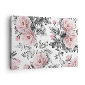 Schilderen op canvas - Roze rozen en bladeren op een delicate zwart-witte achtergrond - 70x50cm - Verdwalen in de bloemen van de rozen - Moderne wanddecoratie voor woonkamer en slaapkamer ARTTOR