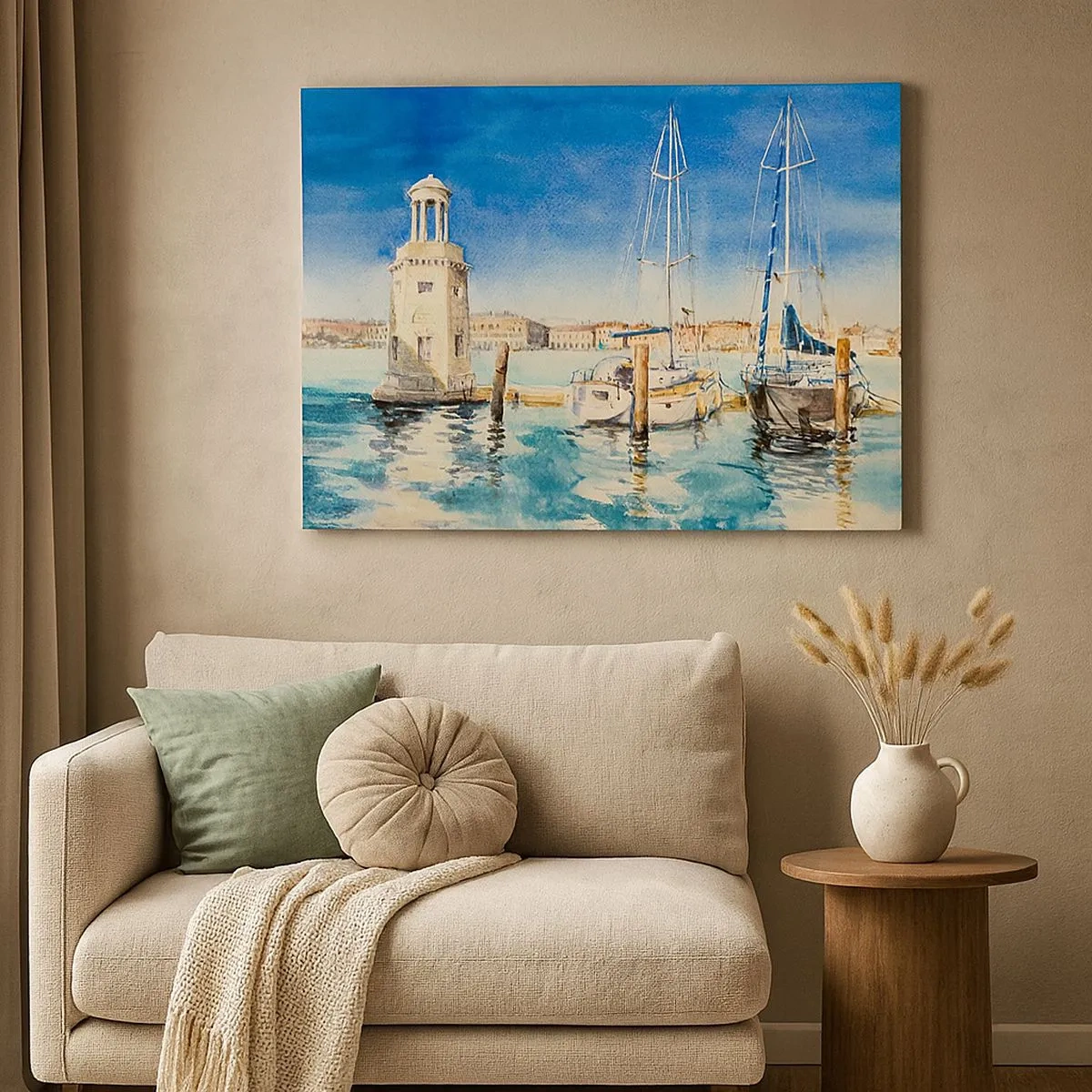 Schilderen op canvas - Jachthaven met boten tegen de achtergrond van een blauwe lagune - 70x50cm - Zonnige lagune - Moderne wanddecoratie voor woonkamer en slaapkamer ARTTOR
