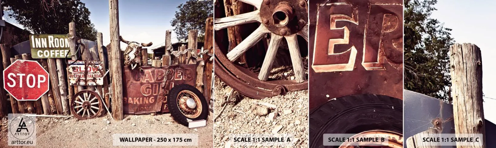 Fotobehang Monster Zelfklevend Deluxe Sticker - En de tijd is gestopt - Verkeersbord, Route 66, VS - 100x30 cm