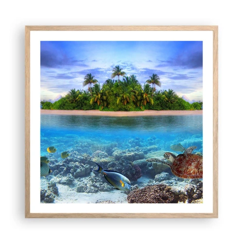 Een poster in een licht eiken lijst - Hemels eiland nodigt je uit - 60x60 cm