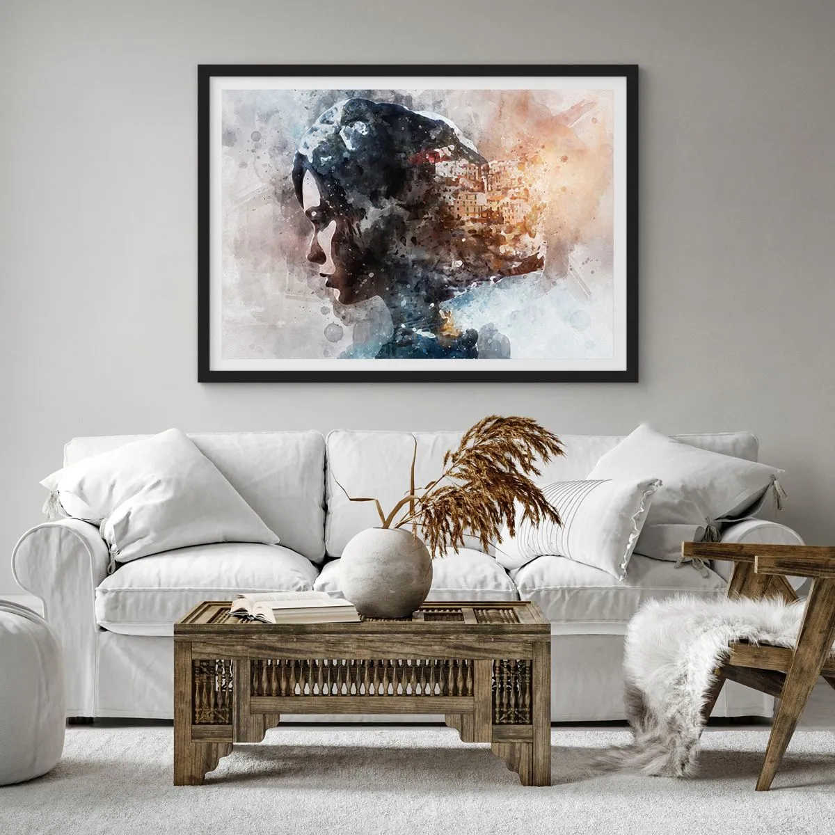 Poster in een zwarte lijst - Een verhaal over een meisje met een stad op de achtergrond - 100x70 cm