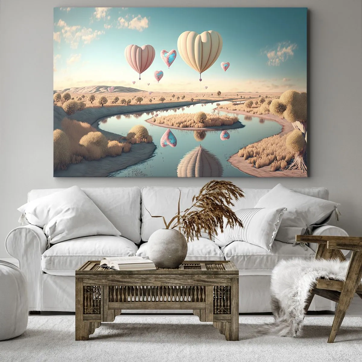 Schilderen op canvas - Hartvormige ballonnen zweven over het landschap - 70x50cm - Liefde laat je vliegen - Moderne wanddecoratie voor woonkamer en slaapkamer ARTTOR