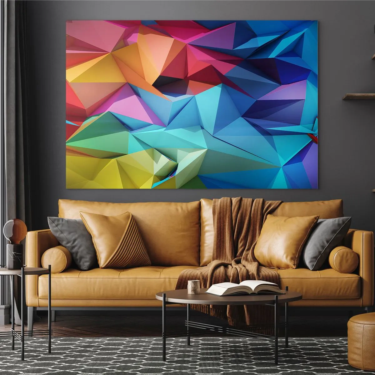 Schilderen op glas - Geometrische compositie in intense, veelkleurige tinten - 70x50cm - Regenboog origami - Moderne wanddecoratie voor woonkamer en slaapkamer ARTTOR