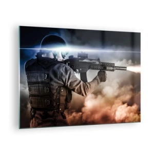 Schilderen op glas - Een soldaat in actie schiet met een geweer tegen een achtergrond van rook. - 70x50cm - Gewoon een held - Moderne wanddecoratie voor woonkamer en slaapkamer ARTTOR