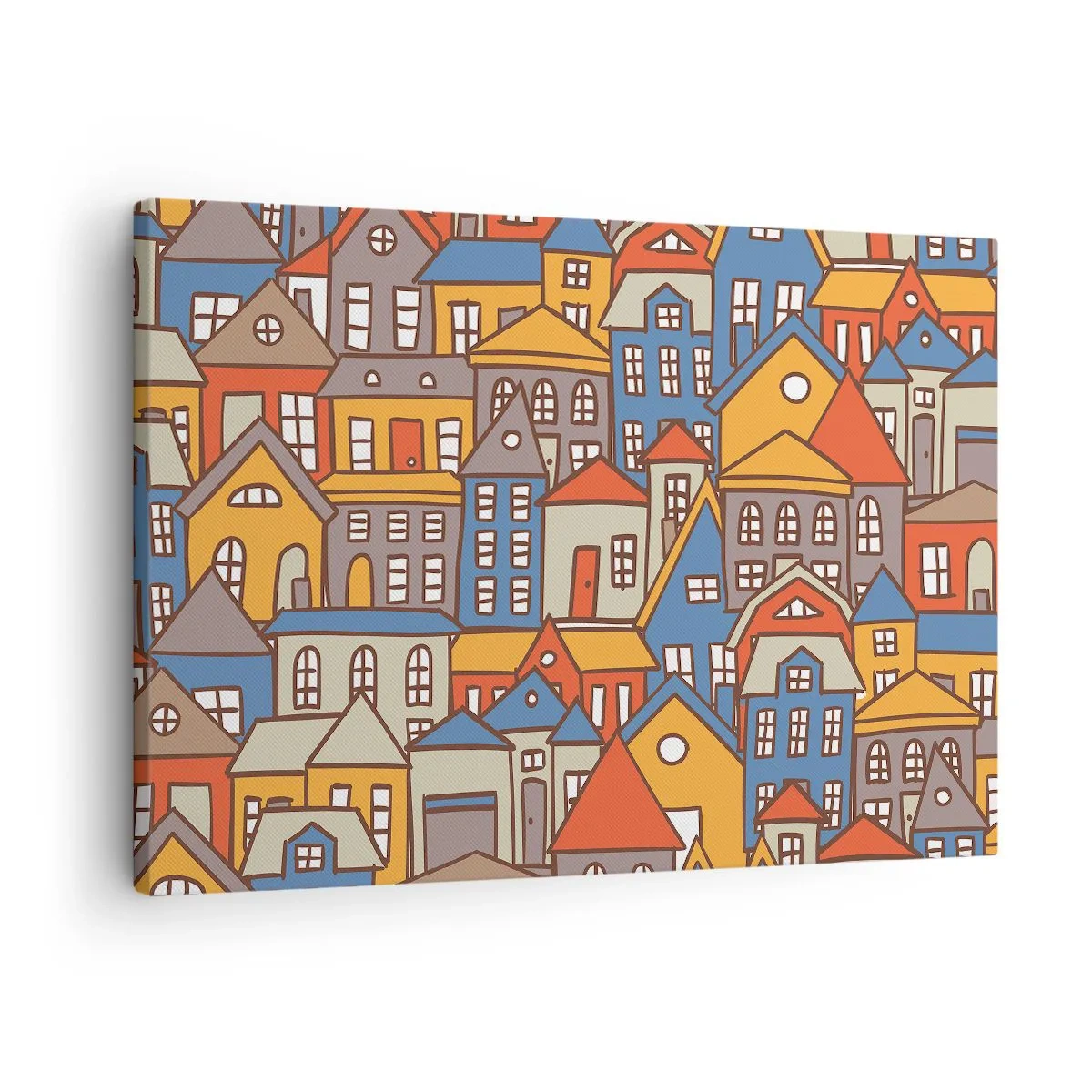 Schilderen op canvas - Kleurrijke huizen in grafische stijl op een lichte achtergrond - 70x50cm - Achter het huis is een huis - Moderne wanddecoratie voor woonkamer en slaapkamer ARTTOR
