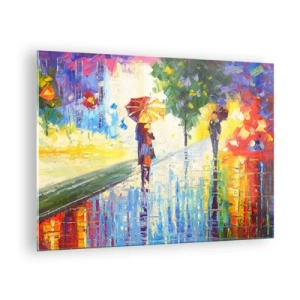 Schilderen op glas - Een kleurrijke wandeling in de regen met een impressionistische paraplu - 70x50cm - Nu is het helemaal duidelijk - Moderne wanddecoratie voor woonkamer en slaapkamer ARTTOR